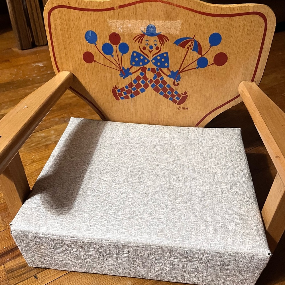 Vintage 50s Wooden Toddler Booster Seat Clown motif